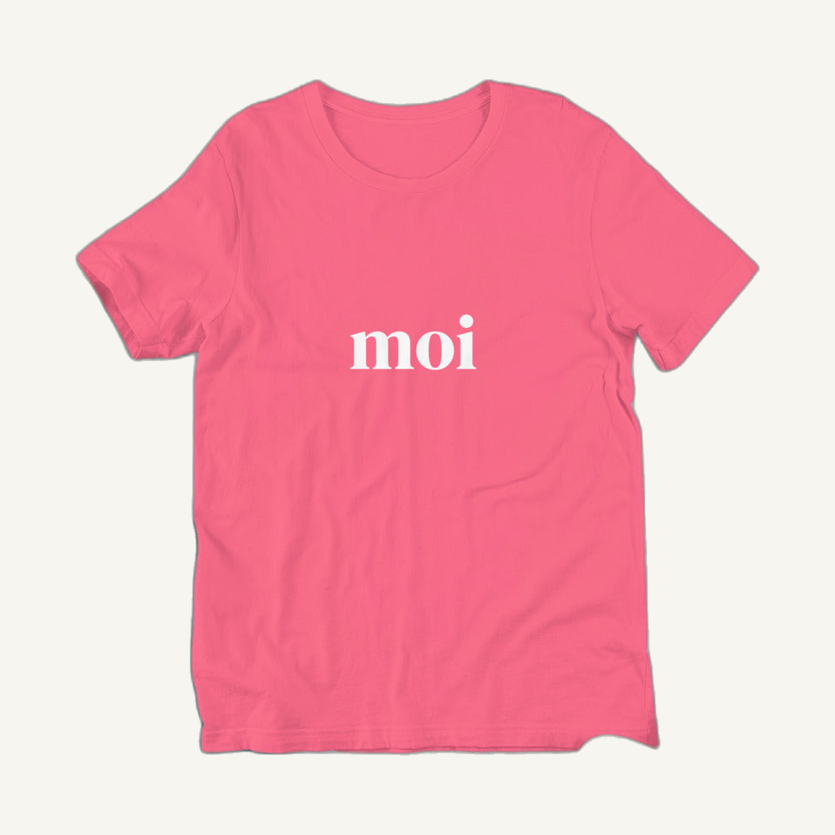 Moi Finnish greeting t-shirt in charity pink, flat product photo