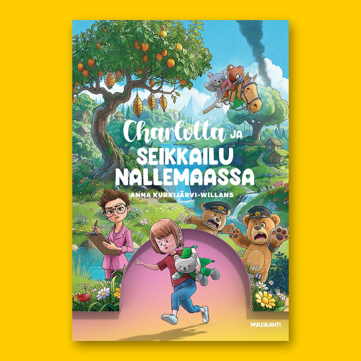 Charlotta ja Seikkailu Nallemaassa by Anna Kurkijärvi-Willans, the hardback cover on a yellow background