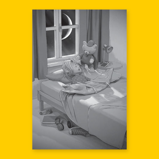 Inside page from Charlotta ja Seikkailu Nallemaassa: Charlotta asleep in bed under a crescent moon while her teddy bear sits up on the windowsill