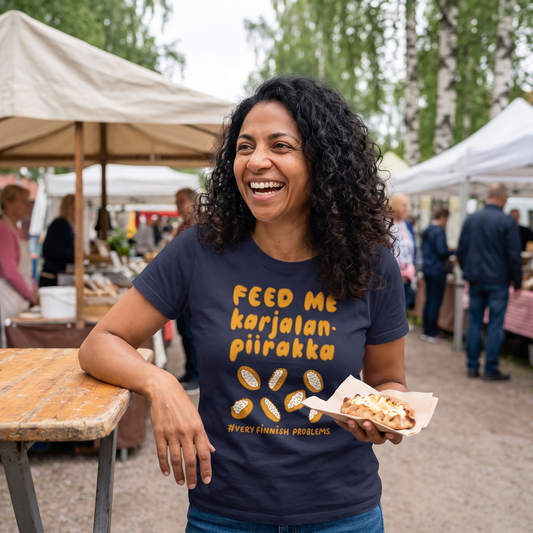 Feed Me Karjalanpiirakka t-shirt in navy, worn by Nea laughing at a Finnish summer market with a Karelian pie in hand, Very Finnish Problems