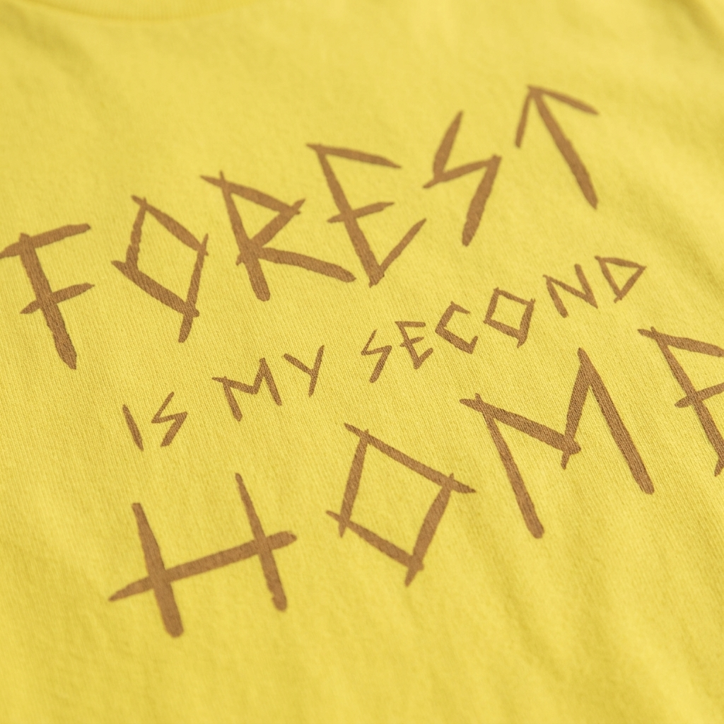 Close-up print detail of yellow Forest Is Home t-shirt