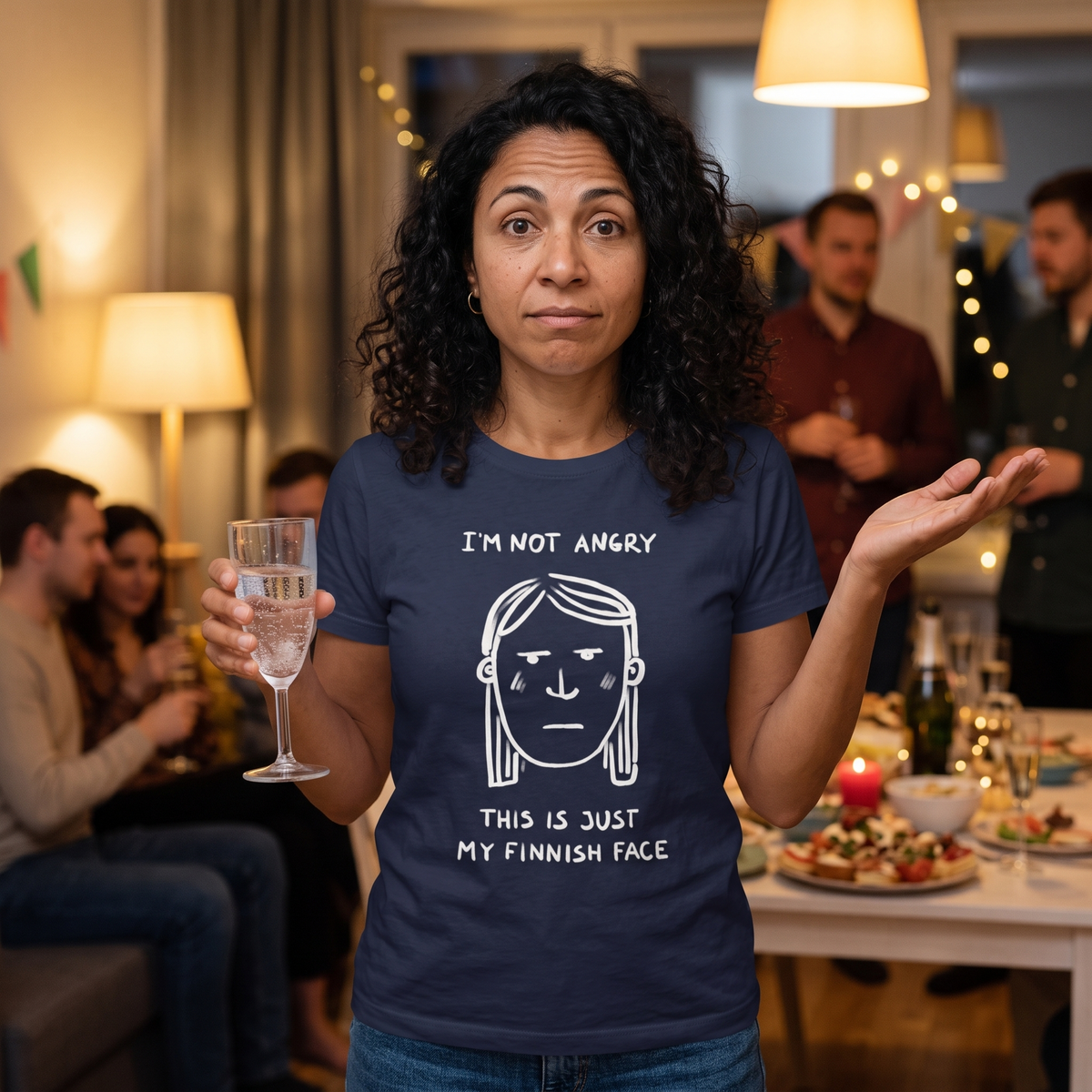 Finnish Face women's t-shirt in navy, worn by Nea mid-shrug at a birthday party, Very Finnish Problems