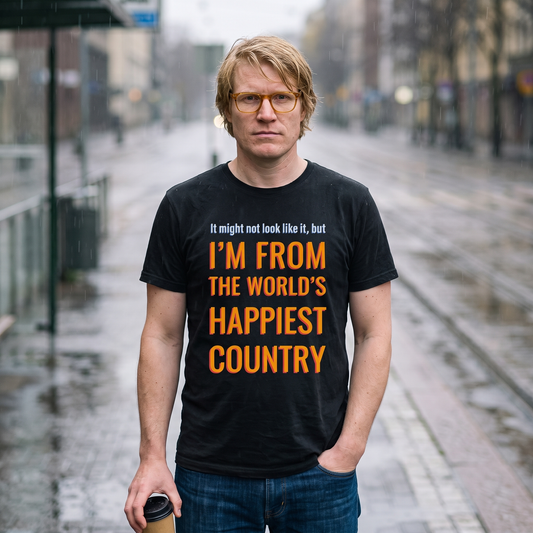 Happiest Country t-shirt in black, worn by Tuomas deadpan at a rainy Helsinki tram stop, Very Finnish Problems