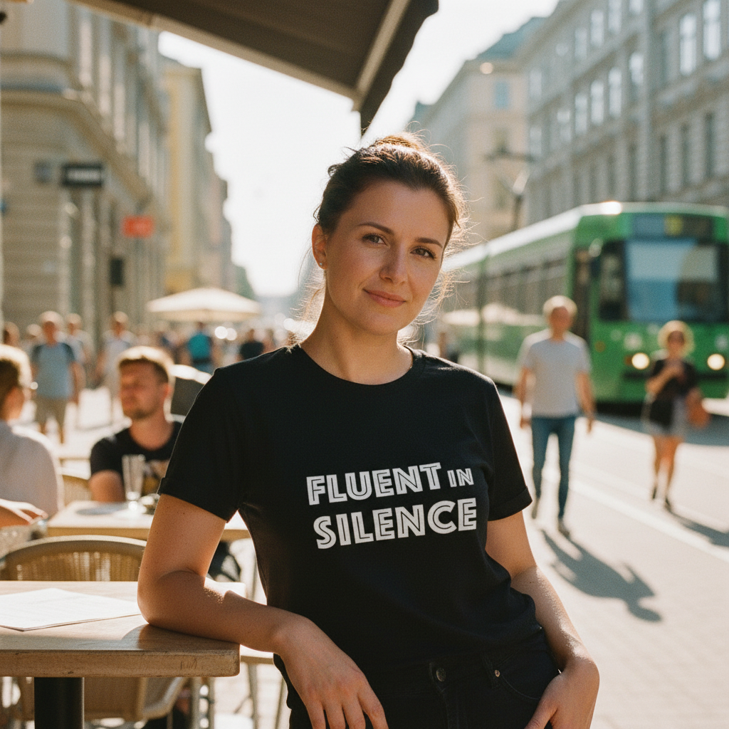 Woman wearing the Fluent in Silence black t-shirt at a Helsinki cafe, a Finnish introvert t-shirt from Very Finnish Problems