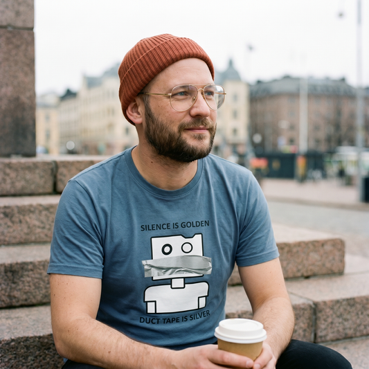 Man on Helsinki steps in a steel blue Silence is Golden Duct Tape is Silver Finnish t-shirt