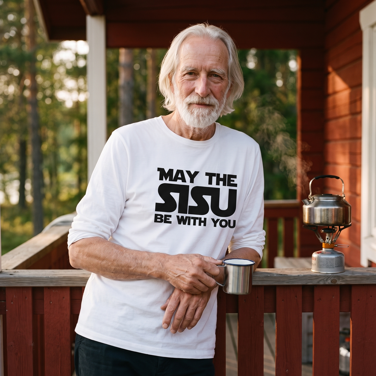 May the sisu be with you Finnish culture long sleeve tee in white, worn by Pertti on a summer cottage veranda, Very Finnish Problems