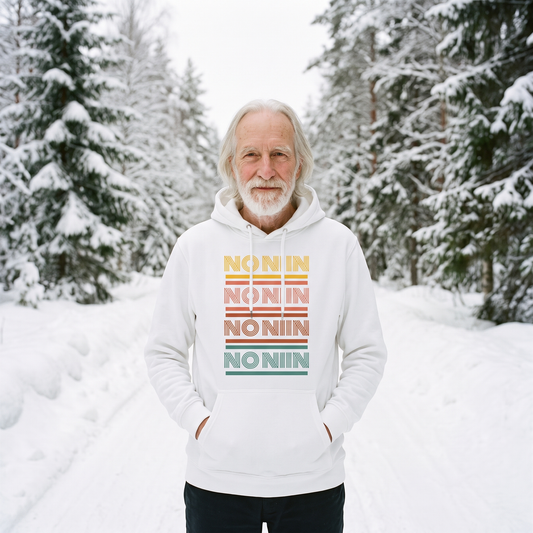 No niin retro Finnish language hoodie in white, worn by Pertti on a snowy Finnish forest track, Very Finnish Problems