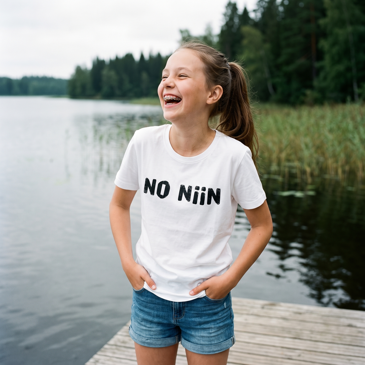 No niin Finnish language youth t-shirt in white, worn by Iida laughing on a Finnish lake jetty, Very Finnish Problems