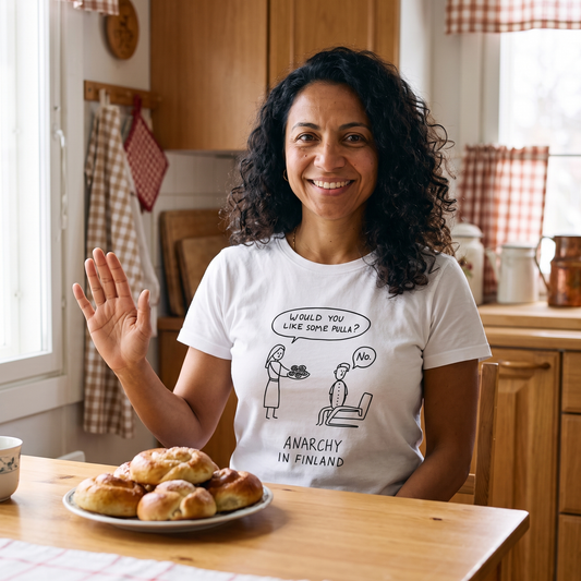 No Pulla, Anarchy in Finland t-shirt in white, worn by Nea politely refusing pulla at the kitchen table, Very Finnish Problems