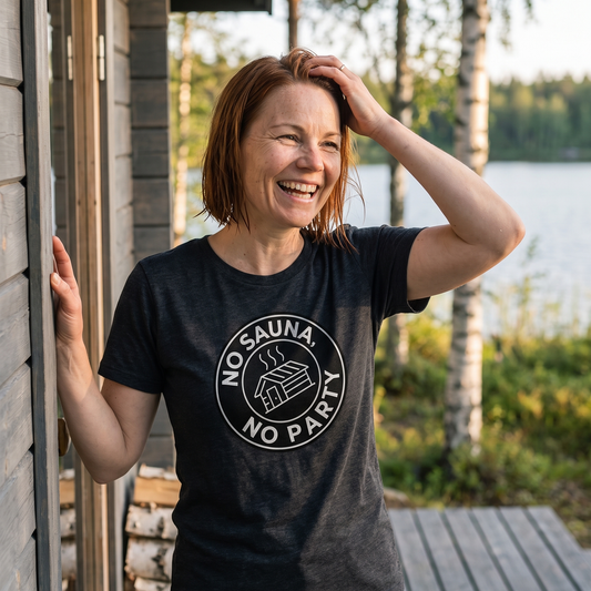 No sauna no party t-shirt in black heather, worn by a woman laughing on a Finnish lakeside sauna deck, Very Finnish Problems
