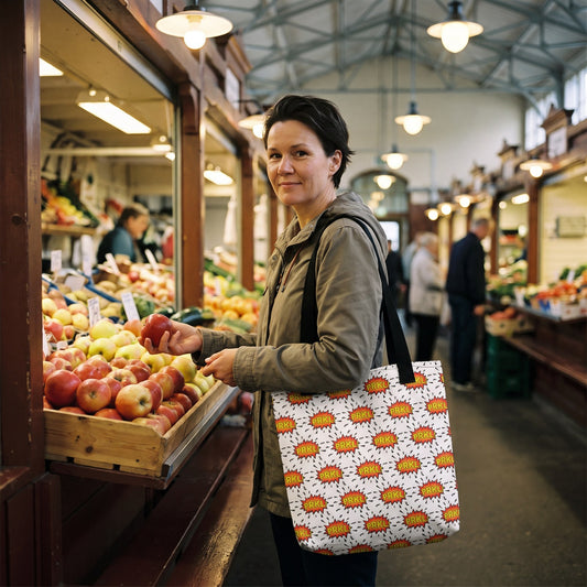 PRKL Bang tote bag in black, carried by Katja in an old market hall, Very Finnish Problems