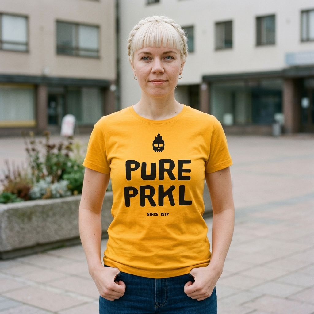 Pure PRKL Finnish language t-shirt in gold, worn by Venla on a small town square, Very Finnish Problems