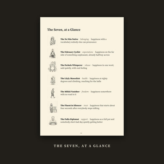 The Seven, at a Glance page listing all seven Finnish happiness types
