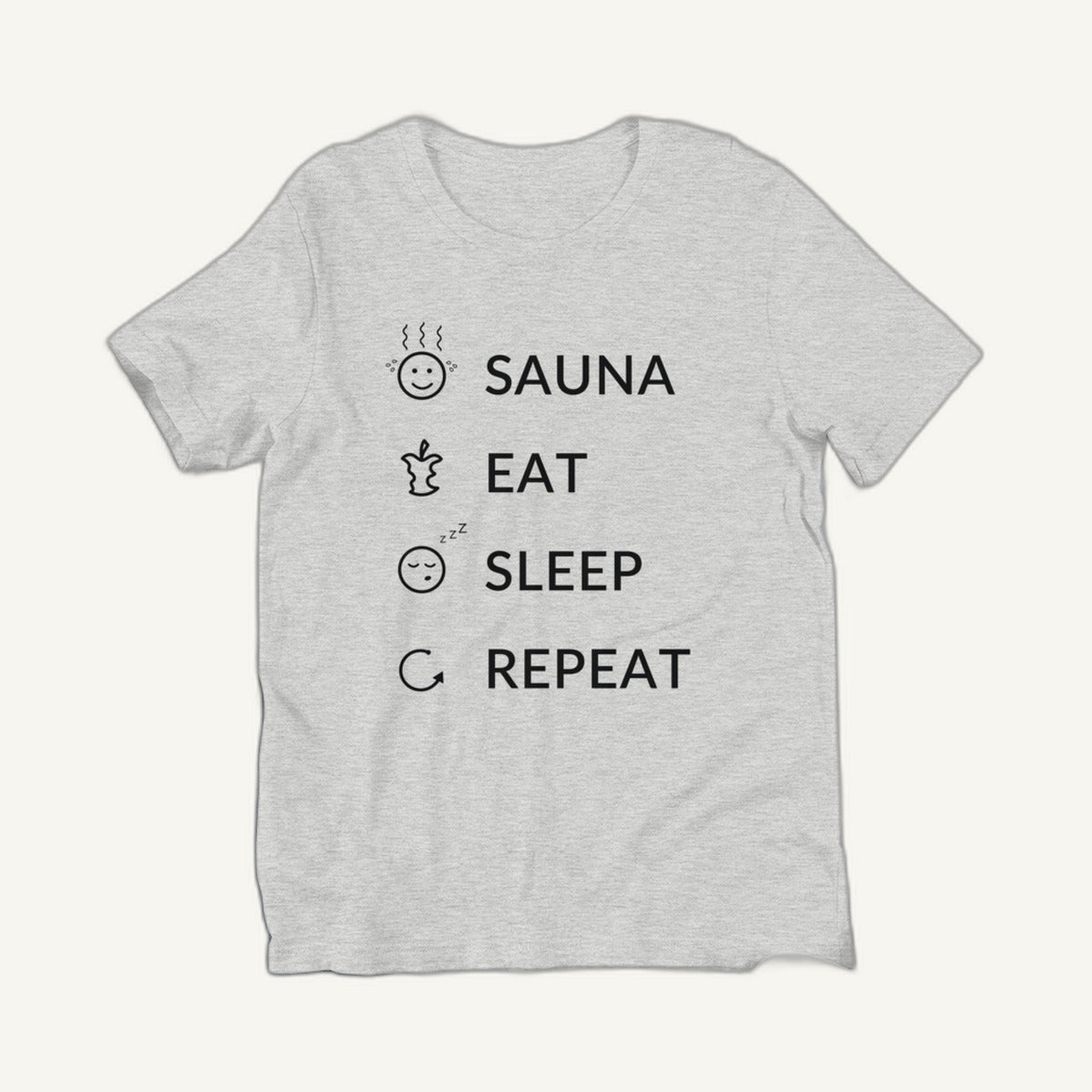 Sauna Eat Sleep Repeat t-shirt in grey, clean front view, Very Finnish Problems