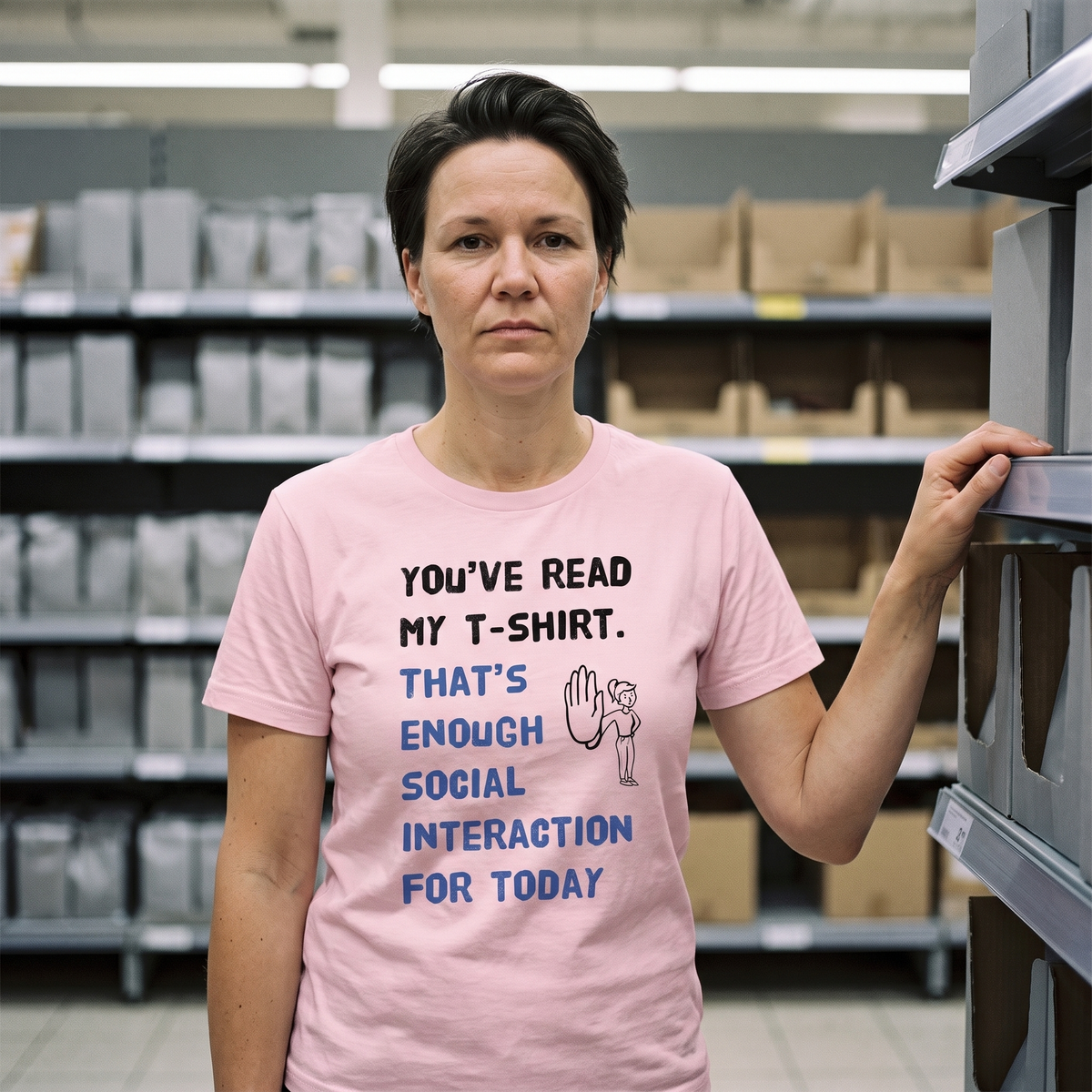 Social Interaction girl Finnish introvert t-shirt in pink, worn by Katja in a supermarket aisle, Very Finnish Problems