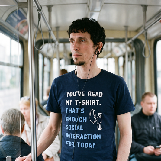 Social Interaction t-shirt in navy, worn by Tuomas on a Helsinki tram with headphones in, Very Finnish Problems