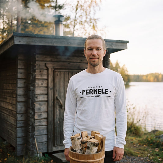Spirit of Perkele long sleeve tee in white, worn by Joonas outside a lakeside sauna, Very Finnish Problems