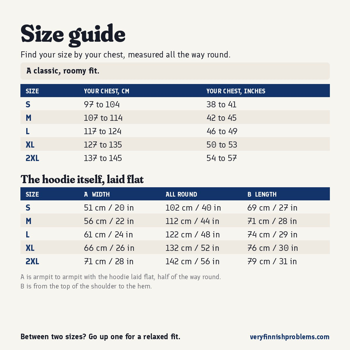 Size guide for this hoodie: your chest measured all the way round, then the hoodie laid flat, in centimetres and inches, sizes S to 2XL, Very Finnish Problems