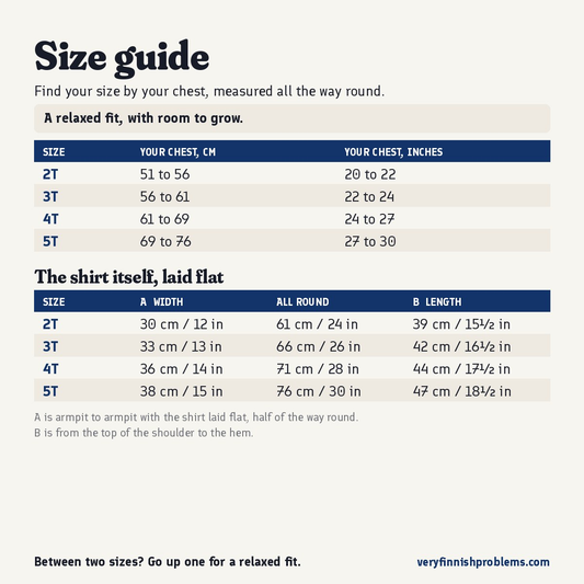 Size guide for this toddler t-shirt: your chest measured all the way round, then the toddler t-shirt laid flat, in centimetres and inches, sizes 2T to 5T, Very Finnish Problems