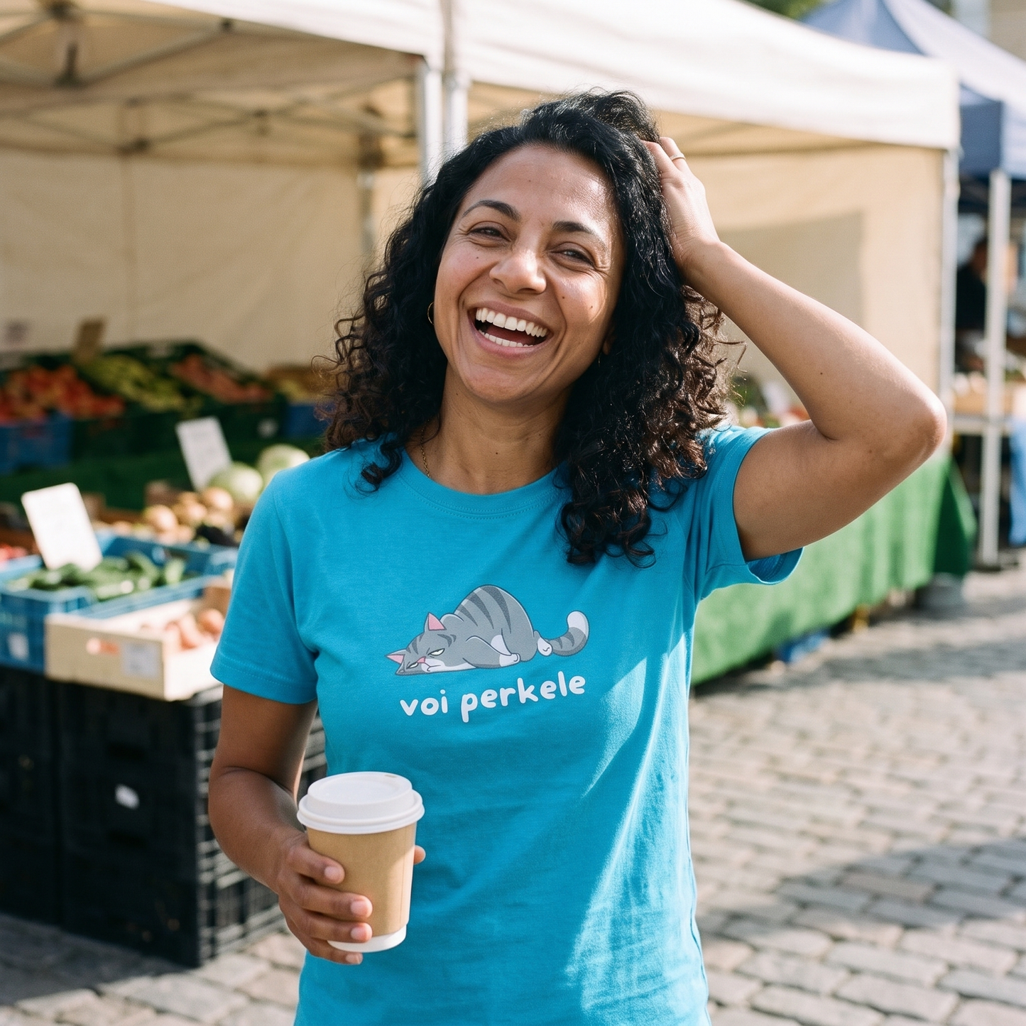Voi perkele Cat t-shirt in aqua, worn by Nea laughing at a Finnish market square, Very Finnish Problems