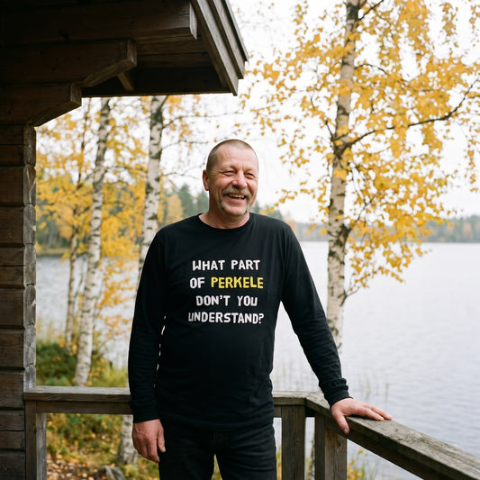 What Part of Perkele long sleeve tee in black, worn by Juha laughing on a lakeside sauna porch, Very Finnish Problems