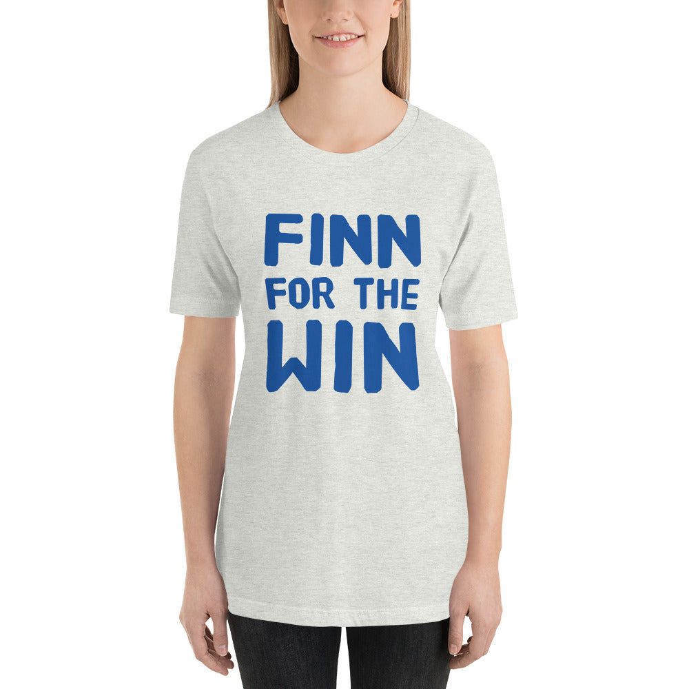 Finn for the Win Finnish sports t-shirt in ash grey, front view, Very Finnish Problems