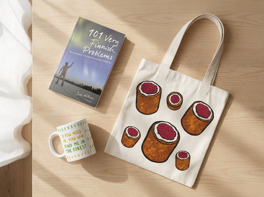 A spread of Finnish themed gifts including t-shirts, mugs and a book from Very Finnish Problems