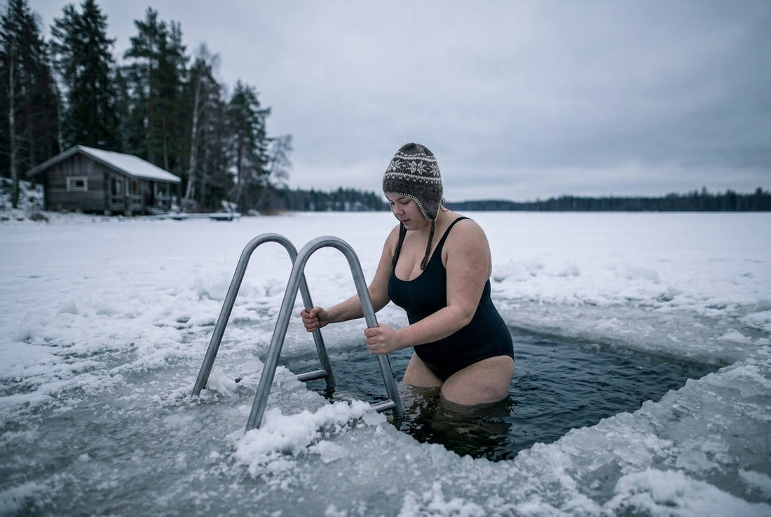 Finnish avantouinti, a person entering a hole cut in winter ice beside a sauna