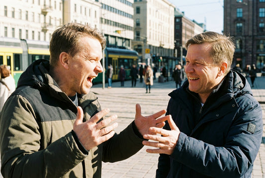 Two Finns having an animated conversation in Helsinki daylight