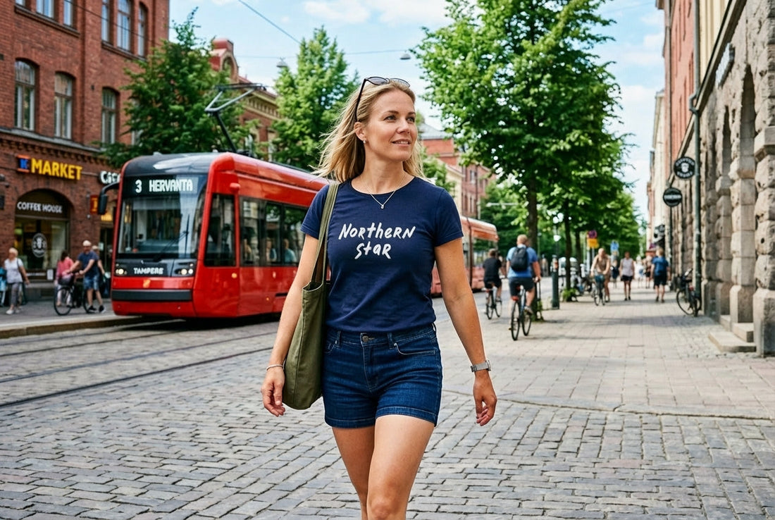 Finnish woman in a Pretty Okay t-shirt walking through Tampere city centre with a tram in the background