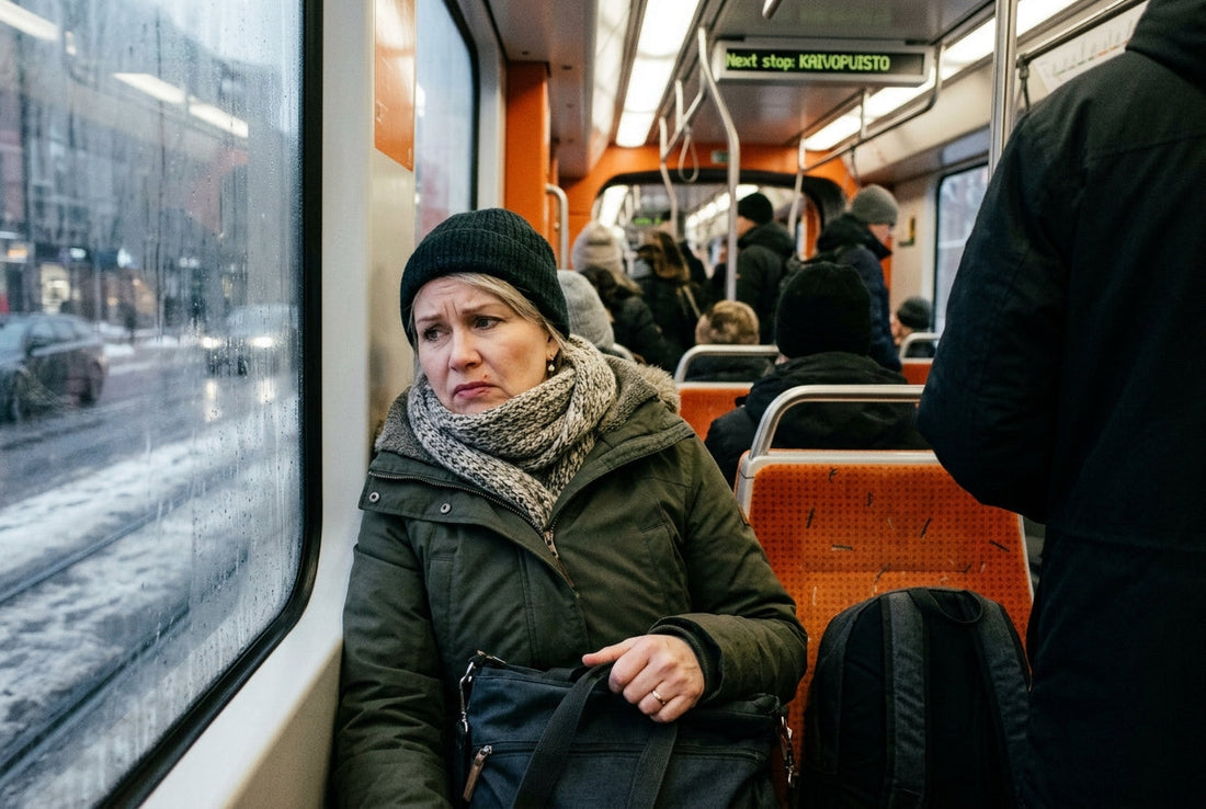 Finnish woman on Helsinki tram looking uncomfortable as someone sits too close