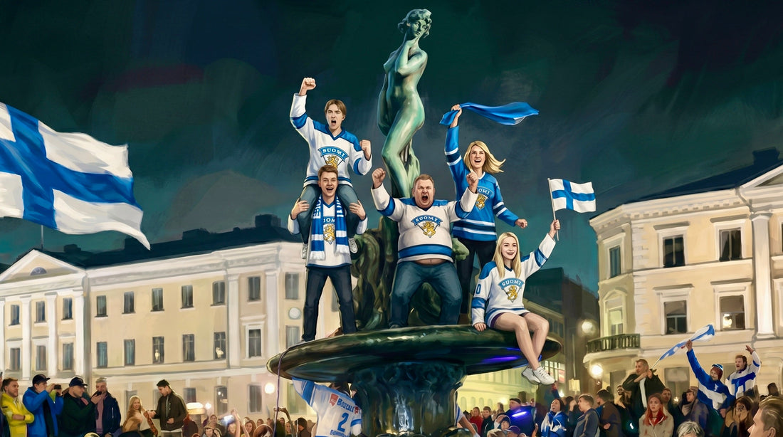 Finnish ice hockey fans celebrating a World Championship win on the Havis Amanda fountain in Helsinki at night, illustration