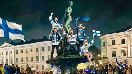 Finnish ice hockey fans celebrating a World Championship win on the Havis Amanda fountain in Helsinki at night, illustration