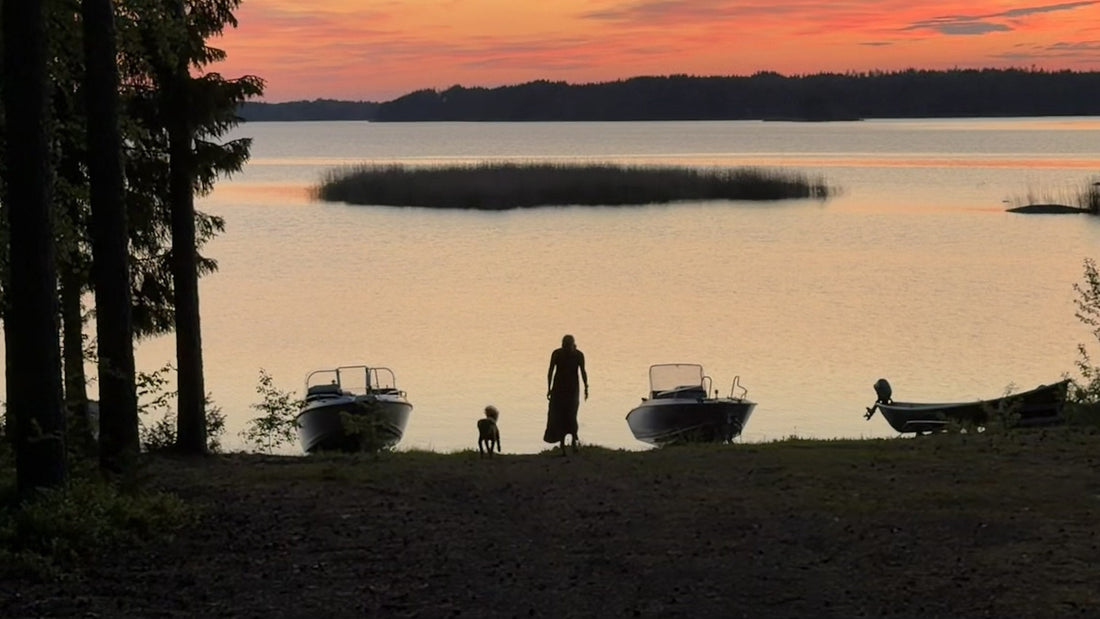 A lone Finn and their dog stand by a calm lake at sunset in Finland, boats pulled up on the shore, Very Finnish Problems