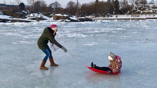 A mother pulls her young child on a red sledge across the frozen sea in Helsinki on a grey winter day
