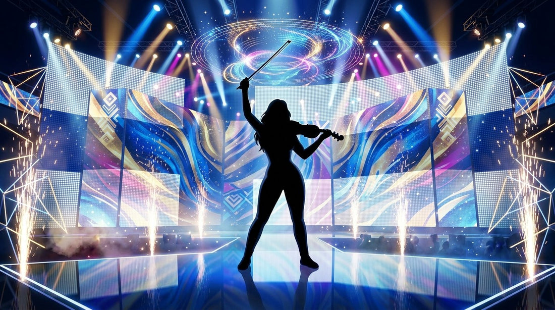 Cinematic stage scene with violin and Finnish flag colours, Eurovision 2026