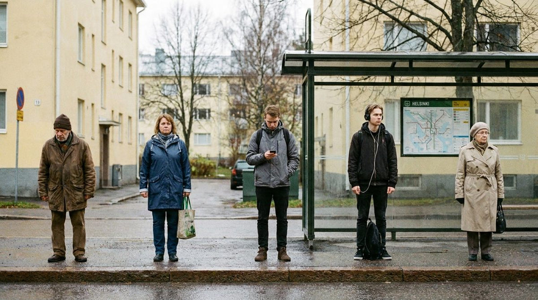 Finnish people waiting at a Helsinki bus stop, each standing a deadpan distance apart, from Very Finnish Problems