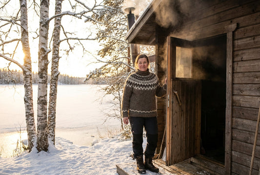 Three Finnish people maintaining maximum personal space at a Helsinki bus stop in winter — the quintessential Finnish trait