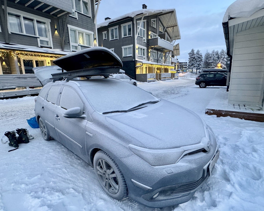 A car sealed under a thick crust of frost outside wooden cabins at Ylläs in Finnish Lapland, the kind of morning perkele was made for. Photo: Joel Willans