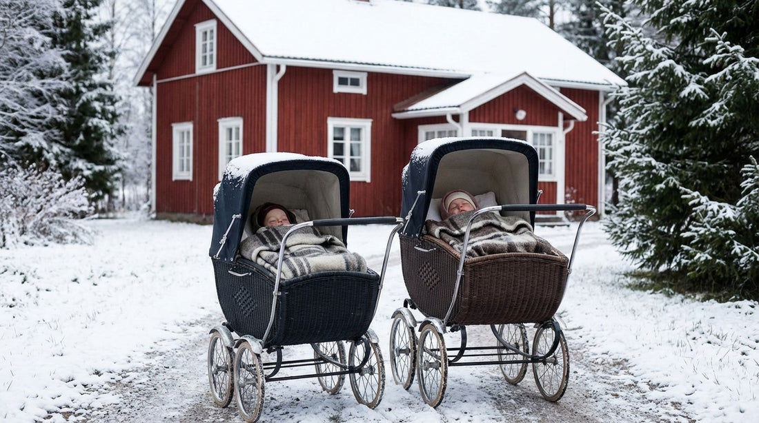 Two babies sleeping in prams outside in the snow in Finland — Finnish babies nap outdoors in winter