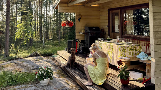A woman in a yellow summer dress and her brown dog on the wooden steps of a Finnish summer cottage in golden evening light, a table laid for dinner beside them, Very Finnish Problems