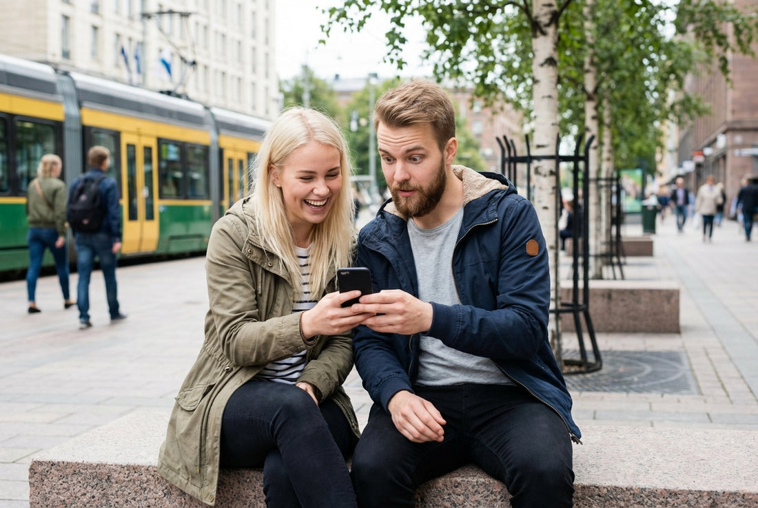 Two young Finns laughing at a phone in Helsinki