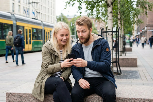Two young Finns laughing together at a phone on a Helsinki street, Very Finnish Problems