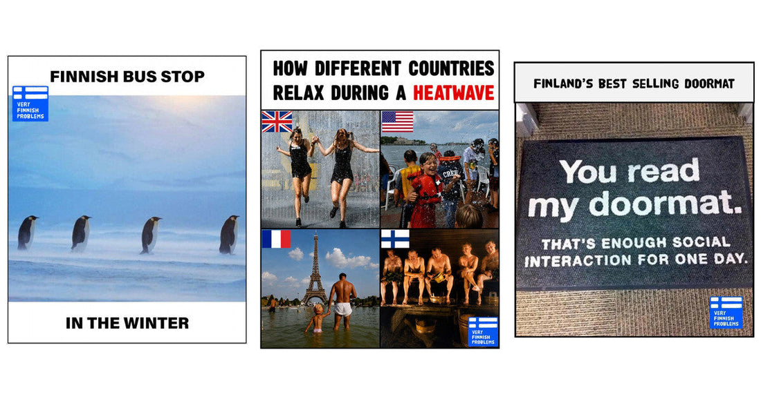 Three Finnish memes side by side: penguins spaced far apart at a Finnish bus stop in winter, how different countries relax during a heatwave with Finland in the sauna, and Finland's best selling doormat