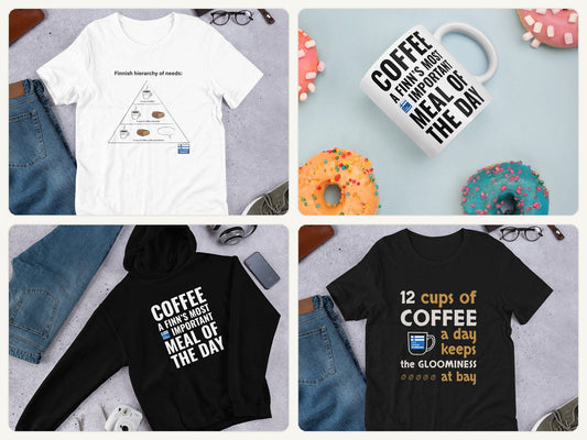 A selection of Very Finnish Problems coffee gifts: Hierarchy of Needs t-shirt, Coffee Meal of the Day mug and hoodie, and Minimum Coffee Needed t-shirt