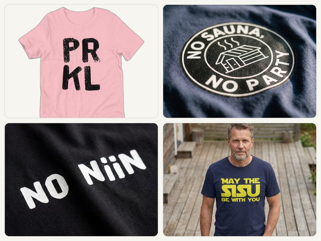 A selection of Very Finnish Problems Finnish gifts: PRKL t-shirt, No Sauna No Party and No Niin prints, and the May the Sisu t-shirt