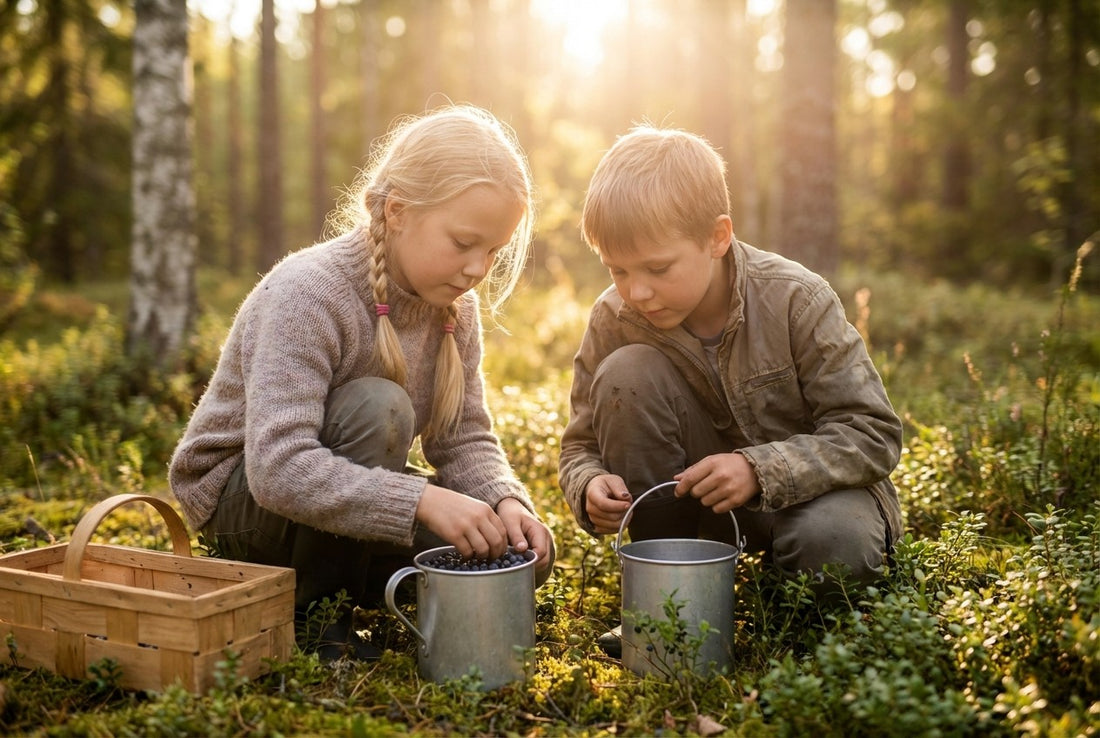 Two Finnish kids picking berries in a Finnish forest — grew up in Finland
