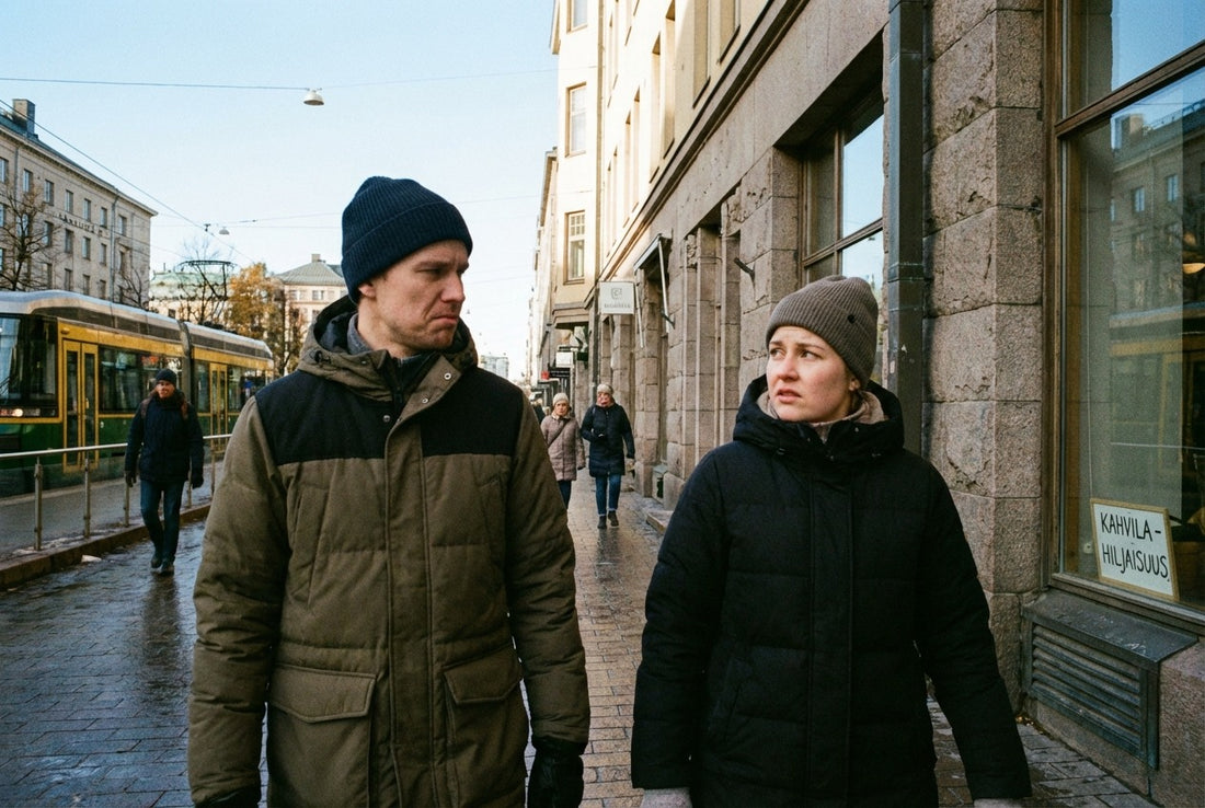 How to say hello in Finnish — two people greeting on a Helsinki street