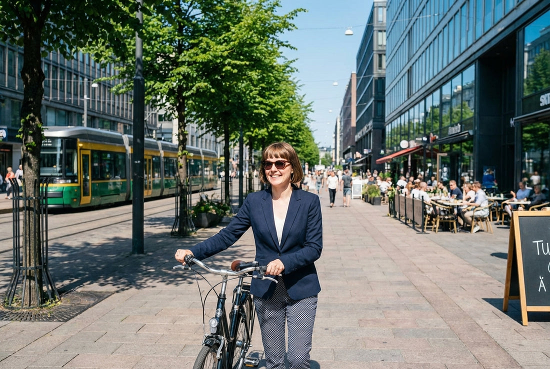 Confident Finnish woman with a bike on a sunny Helsinki boulevard — modern Finland, not a stereotype