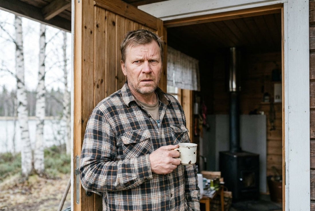 A Finn standing in a cabin doorway holding a mug, wearing the exact unimpressed expression you get for breaking a Finnish social rule